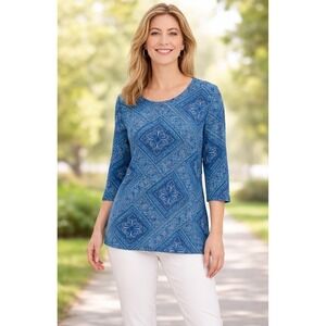 NWT Chico's Moroccan Tile Audrina 3/4 Sleeve Tee Blue Size 2 (L)